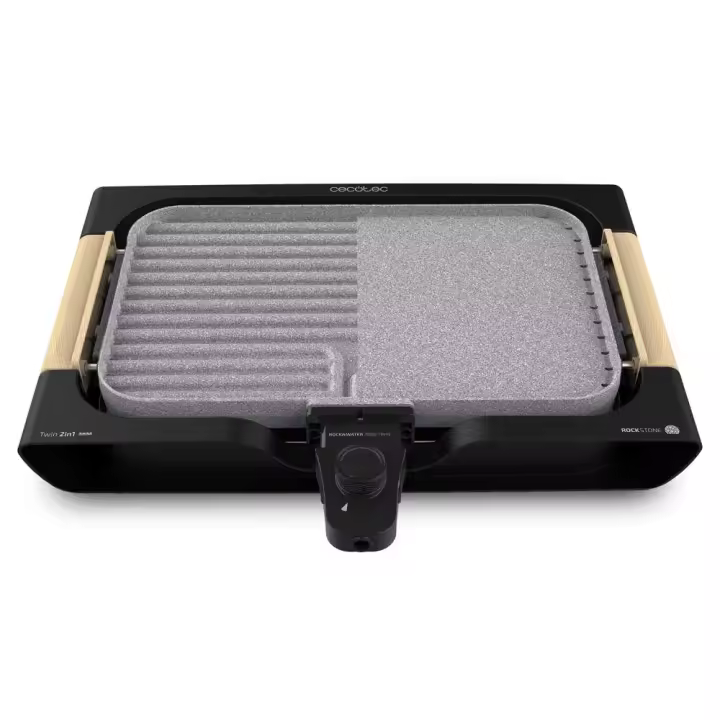Plancha Eléctrica Reversible Rock&Water 3000 Twin 2200W - 2 Superficies Grill/Plancha - Revestimiento Antiadherente RockStone - Apto Lavavajillas - Asa Tacto Frío Efecto Madera Cecotec - 1