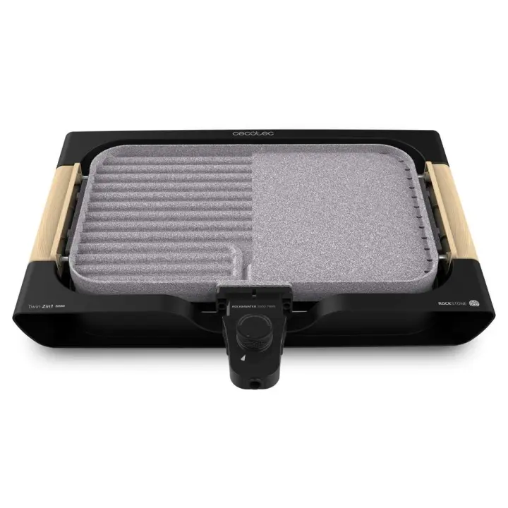 Plancha Eléctrica Reversible Rock&Water 3000 Twin 2200W - 2 Superficies Grill/Plancha - Revestimiento Antiadherente RockStone - Apto Lavavajillas - Asa Tacto Frío Efecto Madera Cecotec - 1
