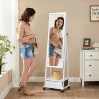 Espejo joyero completo, cajón con cierre, estante y ruedas, portátil, ideal para regalo, disponible en marrón rústico o blanco - details 5
