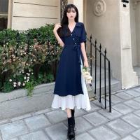 Vestido De Verano Midi Elegante Para Mujer Casual Coreano Dongdaemun Chiffón Vestido A-Line Cuello V Manga Corta Pullover - details 2