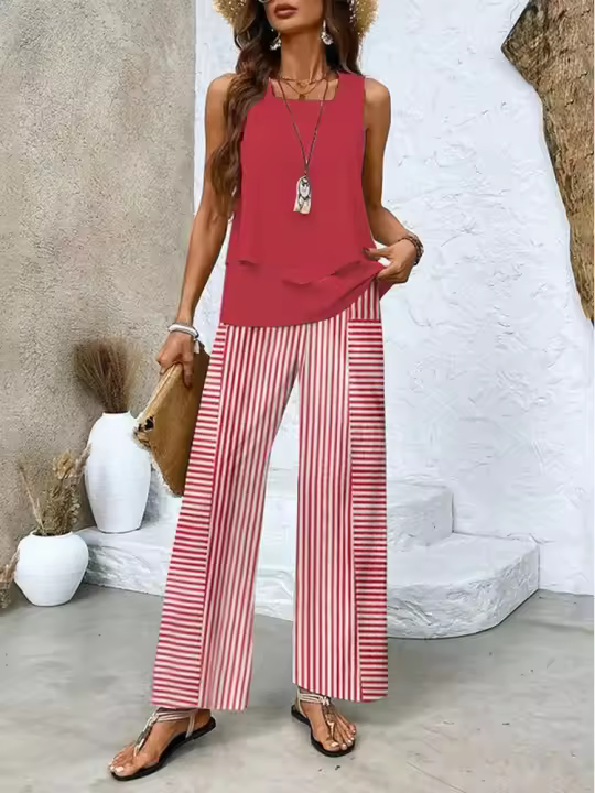  Conjunto De Chifón Para Mujer Sin Mangas Y Pantalones Estampado De Moda Verano Suave Y Cómodo Tejido Ligero Y Transpirable - 1