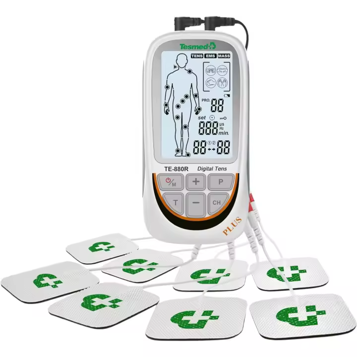 TESMED TE-880R Plus Electroestimulador Muscular Recargable, EMS, TENS, Masaje - 73 programas incluidos 2 personalizables - Funciona con 8 electrodos - 1