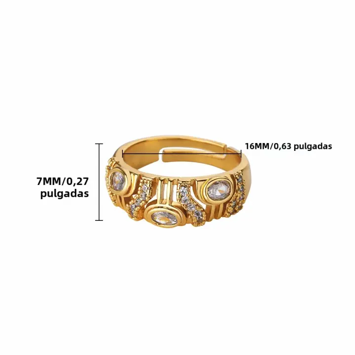 Anillo Ancha Geométrica De Zirconia Ajustable Para Mujer En Acero Inoxidable Color Oro Moda Boda Joyería Regalo - 1