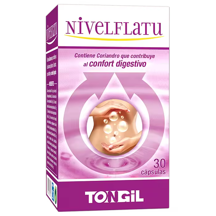 Nivelflatu 30 cápsulas  Carbón vegetal, Hinojo, Anís Verde, Bromelaína, Papaína y Fermentos Lácticos  Espasmos, Hinchazon y Flatulencias  TONGIL - 1