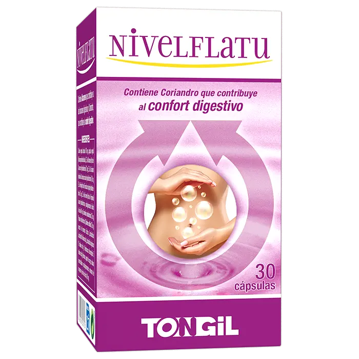 Nivelflatu 30 cápsulas  Carbón vegetal, Hinojo, Anís Verde, Bromelaína, Papaína y Fermentos Lácticos  Espasmos, Hinchazon y Flatulencias  TONGIL - 1