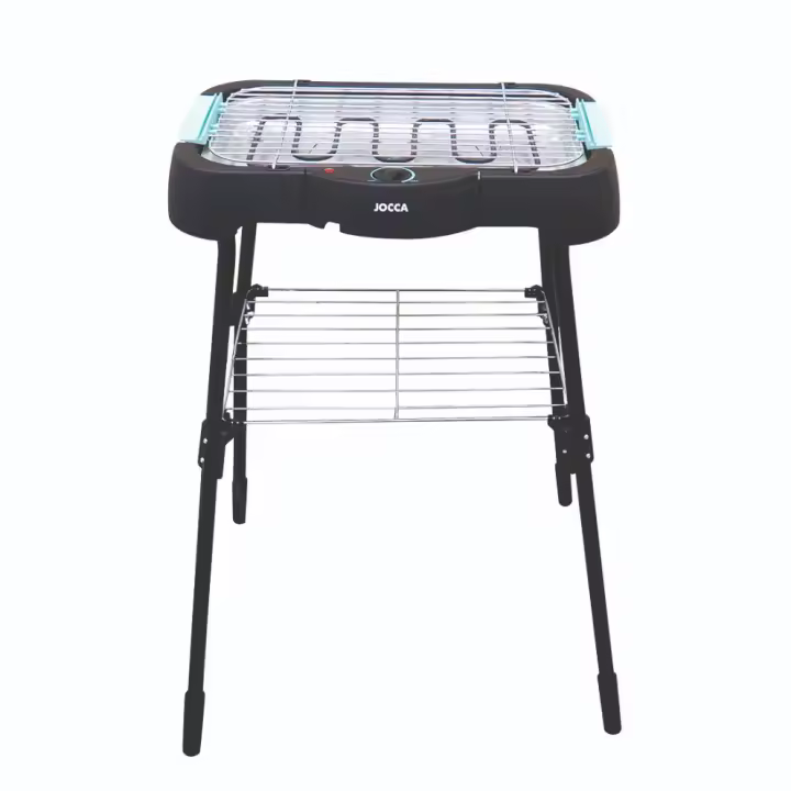 Barbacoa eléctrica Jocca con patas, gran superficie de cocción (41x24,5 cm), sin humos para interiores y exteriores, bandeja desmontable fácil de limpiar, rejilla de doble altura, estructura de metal con asas antiquemaduras, control de temperatura y 2000W - 1