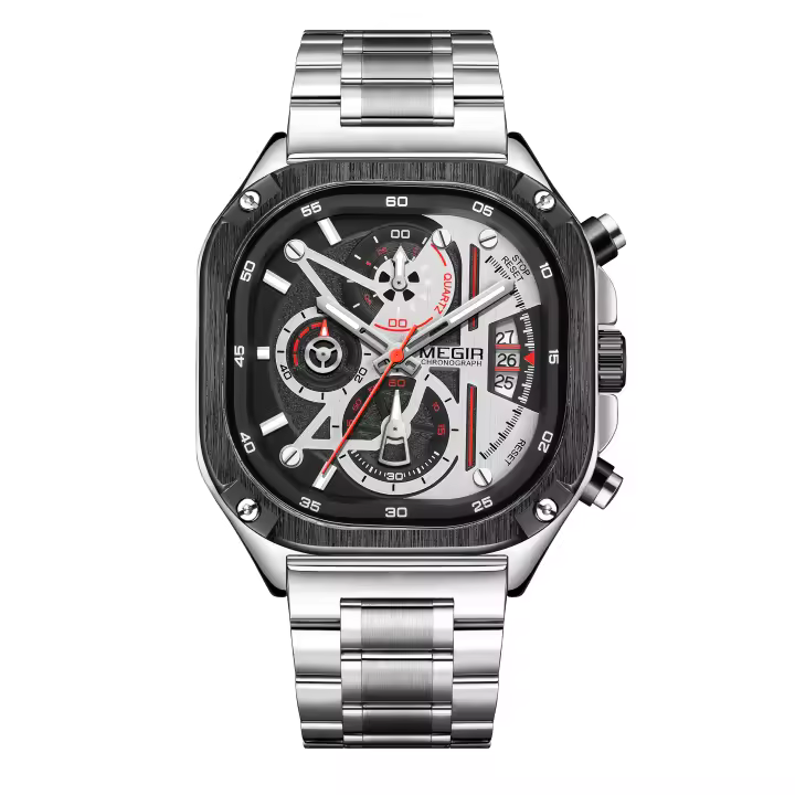 Reloj De Cuarzo Para Hombre MEGIR De Acero Inoxidable Resistente Al Agua Con Cronógrafo Y Fecha Pantalla Luminosa Moda Negocios - 1
