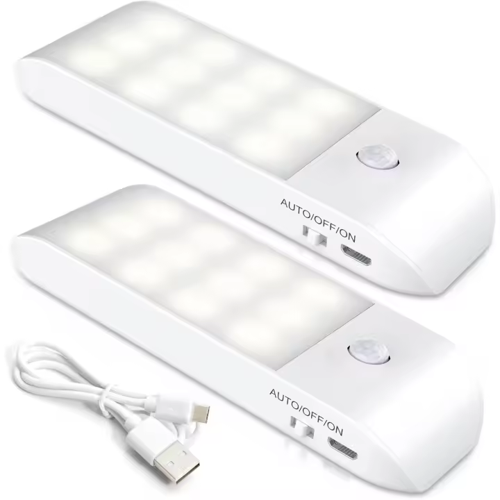 Luz nocturna LED recargable, paquete de 2, lámpara LED con sensor de movimiento automático, luz de pared magnética portátil - 1