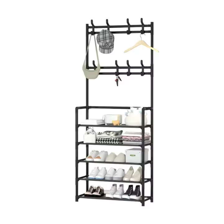 Zapatero de 5 pisos con colgadores 2 en 1, estantería fácil instalación estructura metal medidas 173 x 60 x 26 cm color blanco y negro mueble de recibidor - 1
