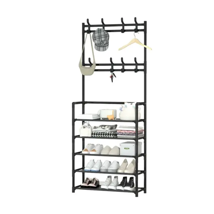 Zapatero de 5 pisos con colgadores 2 en 1, estantería fácil instalación estructura metal medidas 173 x 60 x 26 cm color blanco y negro mueble de recibidor - 1