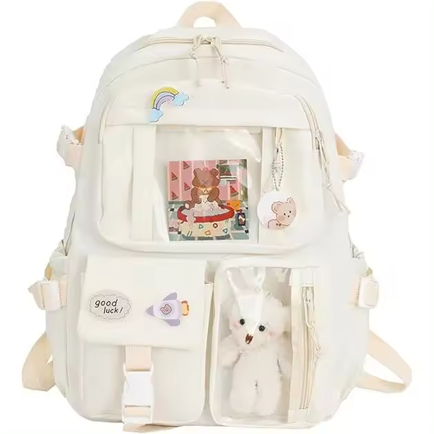 Mochila Kawaii con colgante, mochila de gran capacidad con bonitos accesorios de oso para adolescentes, bonitas mochilas escolares Kawaii en color beige - 1