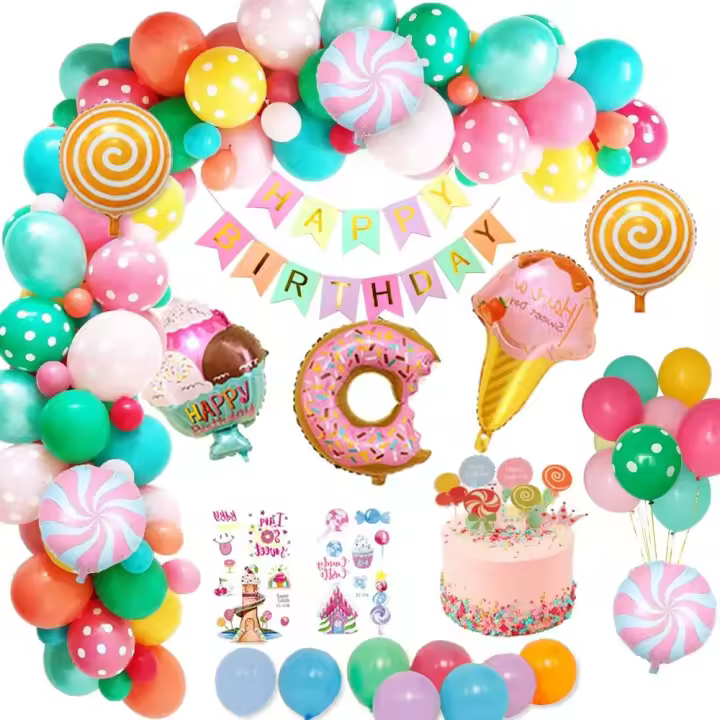 Decoraciones para fiestas de cumpleaños, dulces decoraciones para fiestas con pancartas de feliz cumpleaños, donas de caramelo, helado, globo de aluminio - 1