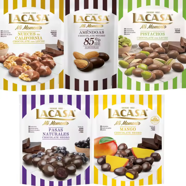 Lacasa Mi Momento pack de 5:Almendra 85% 65G,Nueces Leche 115G,Pasas choco Negro 150G,Pistacho Leche 100G,Mango choco Negro 115G - 1