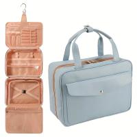 Bolsa de viaje de cuero artificial de moda, estuche de cosméticos de varios compartimentos con gancho rotativo de 360°, resistente al agua, ligero, plegable, doble asa, cierre de cremallera, fácil de limpiar - details 0