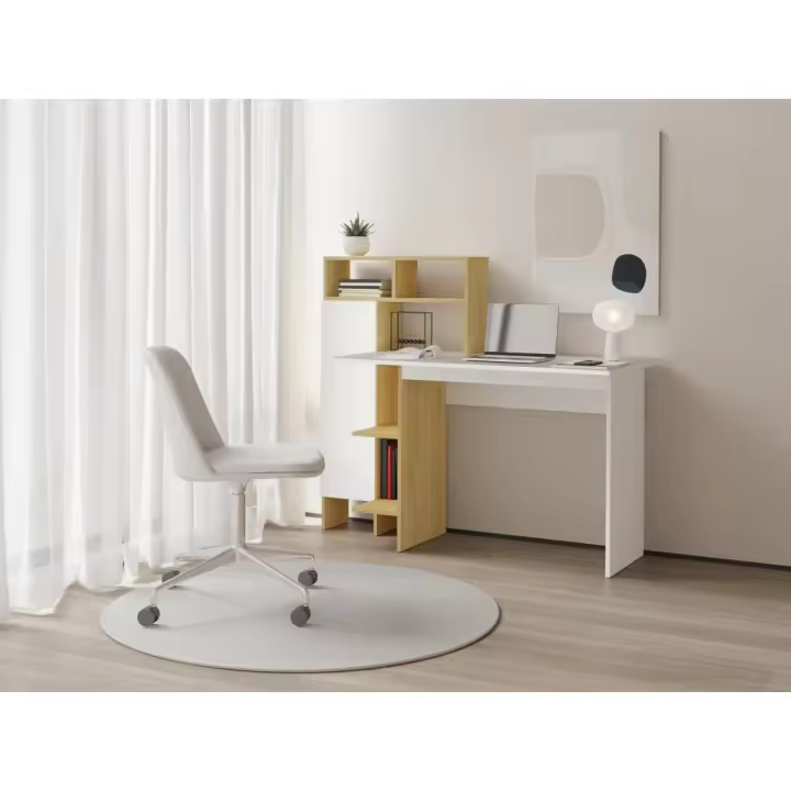 Vente-unique - Escritorio con 1 armario y 4 estantes - Blanco y natural - MONTOLANIA - 1