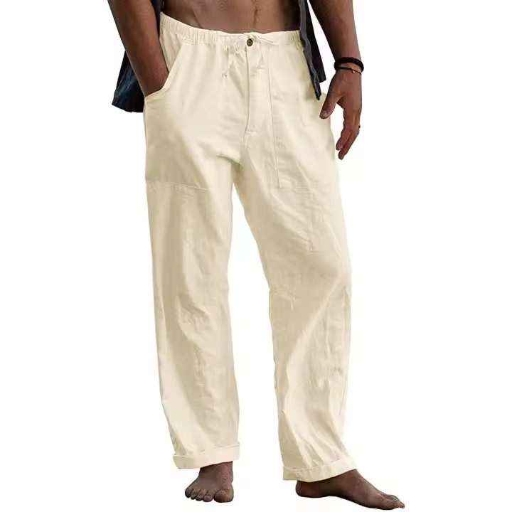 Linen Trousers Yoga Beach Loose Casual Summer Non-Elastic Waist Drawstring Loose Pants with Pockets - 1