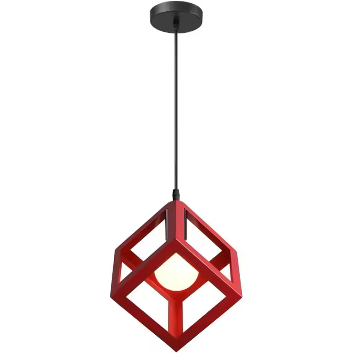 Lámpara colgante moderna con forma de cubo, estilo geométrico, de metal, lámpara de techo E27, para dormitorio, sala de estar, restaurante, 16 cm, color rojo - 1