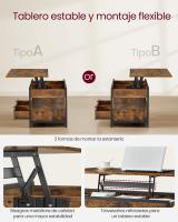 Mesa de centro elevable con almacenamiento, cajones, compartimentos ocultos y estante abierto, marrón rústico y negro - details 10