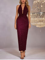 NewAsia Vestido Largo De Nochebodycon Con Vuelta En Cuello Profundo Y Sin Espalda De Lentejuelas Y Malla Elegante Para Club Y Fiesta - details 7