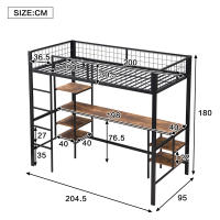 Cama de Hierro, Litera, adecuada para niños y adolescentes, Con Mesa y estantes, Con Escalera de Cuatro peldaños, Hierro aglomerado, Negro Grano de Madera Oscuro, 90x200 cm - details 5