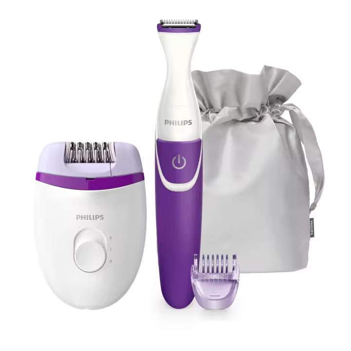 Philips Pae Philips BRP5. Contiene 1 depiladora eléctrica Satinelle Essential, 1 cortacésped Bikini, 1 peine-guía de 3 mm, 1 cepillo de limpieza, 1 bolsa de lujo (BRP505/00) - 1