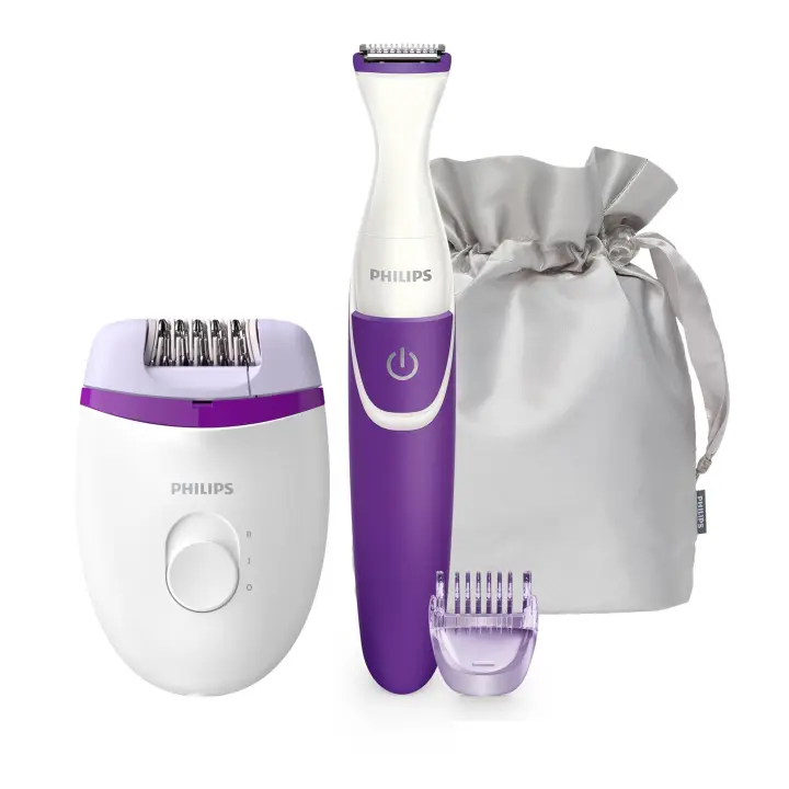 Philips Pae Philips BRP5. Contiene 1 depiladora eléctrica Satinelle Essential, 1 cortacésped Bikini, 1 peine-guía de 3 mm, 1 cepillo de limpieza, 1 bolsa de lujo (BRP505/00) - 1