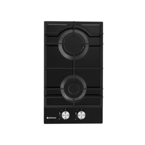 Meimon Encimera de Gas Johnson con 2 zonas de cocción, cristal negro, parrillas de hierro fundido, autoencendido, mandos en color plata, válvula de seguridad, preparada para gas butano, kit gas natural incluido, 9x30x52 cm, nicho 26,2x48 cm - 1