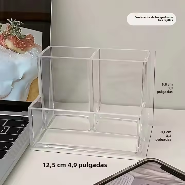 Estuche De Almacenamiento Para Escritorio Con Tres Compartimentos De Acrílico Transparente 1 Pieza Renovación De Mesa Estudiante - 1