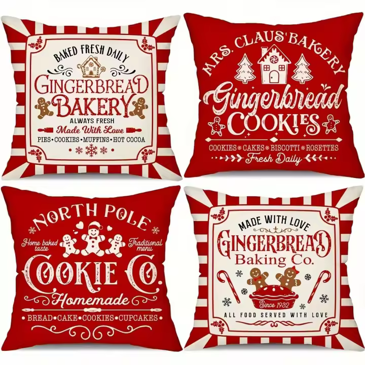 Conjunto de 4 Pan De Jenibre Panadería Fundas Almohada, Rojo A Rayas Feliz Navidad Juego para Sofá, Decoración Vacaciones invierno - 1