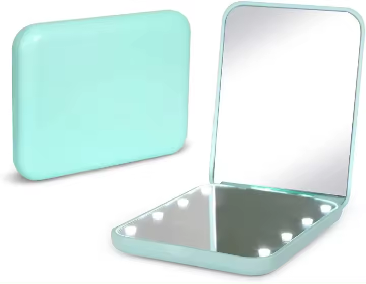 Espejo de bolsillo, espejo de maquillaje compacto de viaje con luz LED y aumento 1X/2X, de doble cara, portátil, plegable, pequeño espejo iluminado para regalo, color rosa - 1