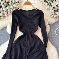 Vestido Largo Elegante Para Mujer Con Mangas Flared Y Volantes Cuello V Solido Bodycon Para Fiesta Y Oficina Polyester Mid-Calf - details 27