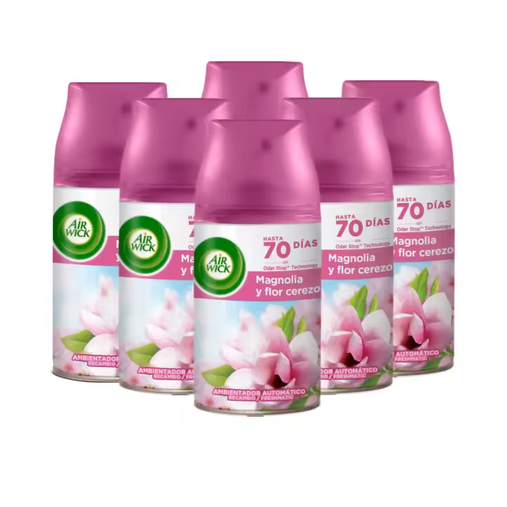 Air Wick Ambientador Freshmatic - Set Lote 6 Recambios, Ambientador para Casa, Diferentes Aromas, Neutraliza Malos Olores, Flor Frescor, Flores Blancas, Lirio de Luna, Nenuco, Flor cerezo, Delicias de Verano, Lavanda y Camomila - 1