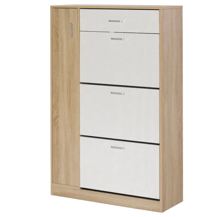 HOMCOM Zapatero de 3 Puertas para 18-27 Pares de Zapatos con Cajón y Armario Anti-Vuelco para Salón Entrada Dormitorio 84x30x132 cm Madera Natural - 1