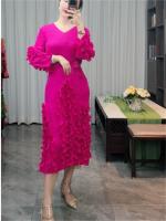 Vestido Elegante De Mujer 2024 Pleated Miyak Primavera Otoño V-Neck Suéter Beaded Exquisito Cinturón A-Line Midi Vintage Polyester - details 5