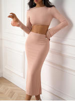 Nuevo Asia Mujer Conjunto De Dos Piezas Rosa Ribbed Tejido Con Top De Manga Larga Y Falda Maxi Espalda Descubierta Estilo Elegante Para Fiesta Y Club - details 4