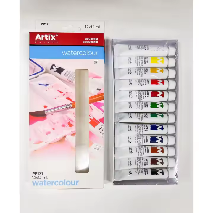 MP-ARTIX PAINTS, Set Pinturas Acuarela para Artistas, 12 tubos de 12 ml, No Tóxico, Colores Surtidos, Paleta de Colores, Técnicas de pintura, Ideal para Efectos de Agua - 1
