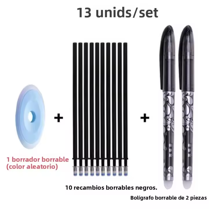 Juego De 13 Rotuladores Gel Borrables 0.5mm Tinta Azul-Negra Recargables Para Escuela Y Oficina - 1