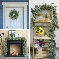 Guirnalda De Hojas De Eucalipto Artificiales Verdes Con Flores Y Bayas Blancas 1pc Para Decoración De Bodas Y Fiestas En Casa - details 9
