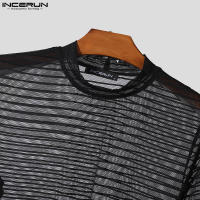 Camiseta De Hombre INCERUN Verano Manga Corta Cuello Redondo Malla Rayada Talla Oversize Ropa Casual Para Todo El Año - details 5