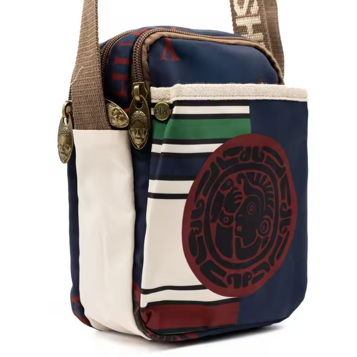 DUNNE BRAND YAN SHUANG Bandolera Unisex “Badge” - Azul y Blanco, Algodón y Piel, Hecha a Mano, Regalo Especial - 1