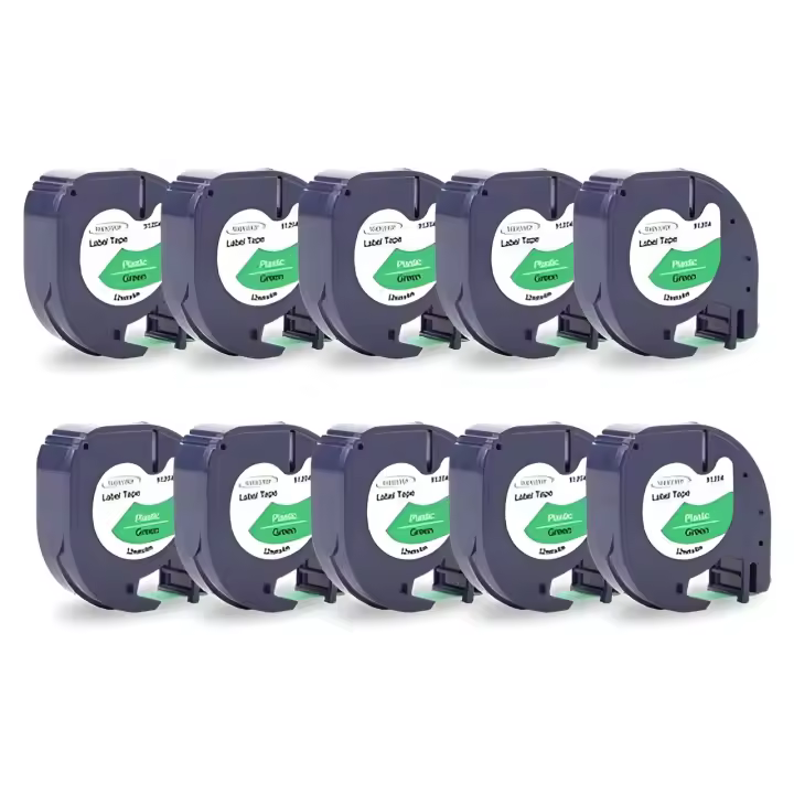 10 cintas Compatibles Dymo LetraTag 91204 S0721640 Cinta de Etiquetas para Rotuladora - Texto negro sobre fondo verde - 1
