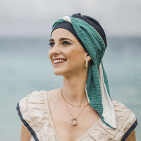 Pañuelo oncológico cintas largas SMOOTH TURQUESA GOLD - Carebell Headwear - Tejido de bambú - details 2