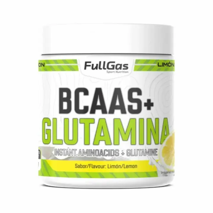 FULLGAS - BCAAS + GLUTAMINA Limón 500g - tres aminoácidos más importantes para la contrucción de masa muscular, llamados también aminoácidos ramificados - 1