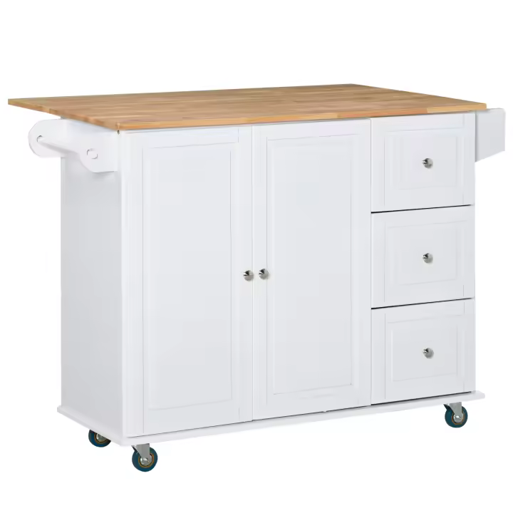 HOMCOM Carro de Cocina con Ruedas Carrito de Servicio con Encimera Extendida 3 Cajones 1 Armario con Estante Ajustable Interior Barra de Colgar y Especiero 128,8x75,5x92,5 cm Blanco - 1