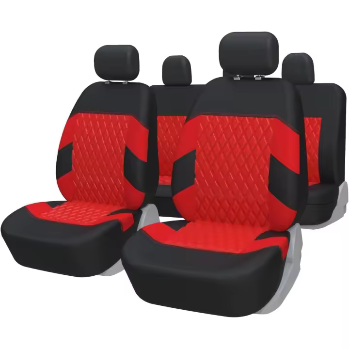 Juego completo de 5 fundas para asientos de automóvil, fundas universales para asientos y fundas para asientos traseros divididos 50-50 o 60-40, tela negra y roja - 1