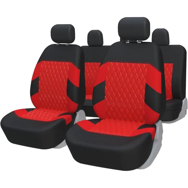 Juego completo de 5 fundas para asientos de automóvil, fundas universales para asientos y fundas para asientos traseros divididos 50-50 o 60-40, tela negra y roja - 1