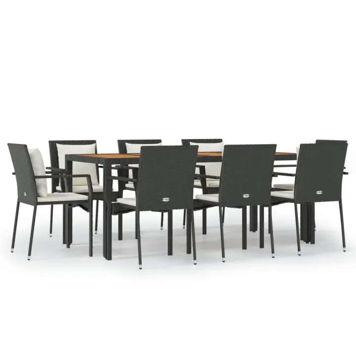 vidaXL Set de comedor de jardín 9 pzas y cojines ratán sintético negro - 1