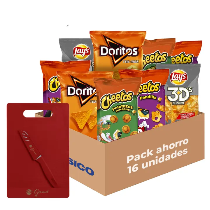 Pack Regalo Queso - Snacks y Patatas Fritas - Cheetos, Doritos y Lay's: 4 Pandilla, 4 Pelotazos, 4 Tex-Mex y 4 3D's, Total: 604 g en 16 Bolsas de Aperitivos y Patatillas Crujientes + Tabla de Cortar y Cuchillo - 1