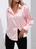 Camisa De Satén Para Mujer Con Cuello Band-collar Y Botones Manga Larga Leopardo Elegante Blusa Casual De Edad Media - details 2