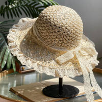 Sombrero De Paja Plegable Con Borde De Encaje Para Mujer Sombrero De Sol Con Lazo Bonito Para Vacaciones Y Playa - details 0